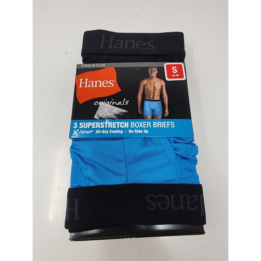Hanes Mens Originals 3 Pack Boxer Briefs‎ Blue Polyester Blend Athletic Size S
